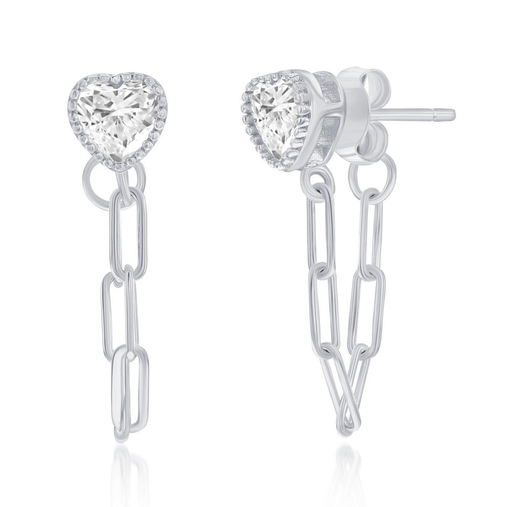 Sterling Silver Heart CZ Paperclip Stud Earrings