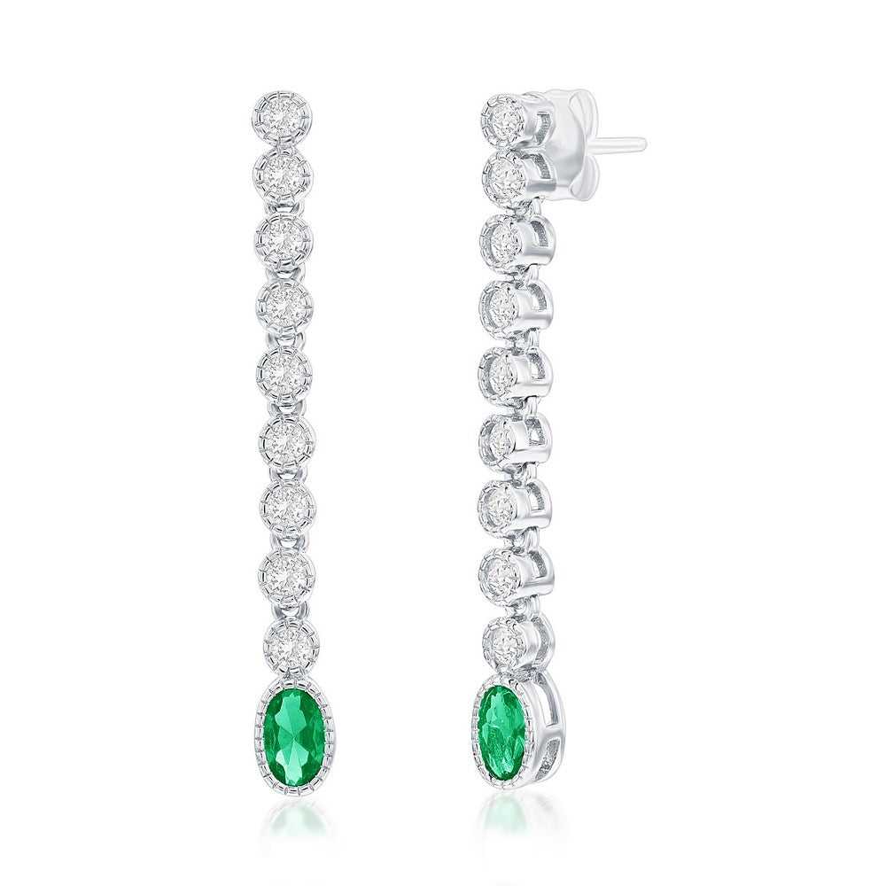 Sterling Silver Beaded Outline Oval & Round CZ Earrings - Emerald