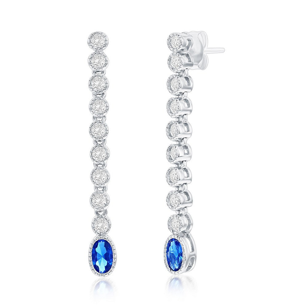 Sterling Silver Beaded Outline Oval & Round CZ Earrings - Sapphire