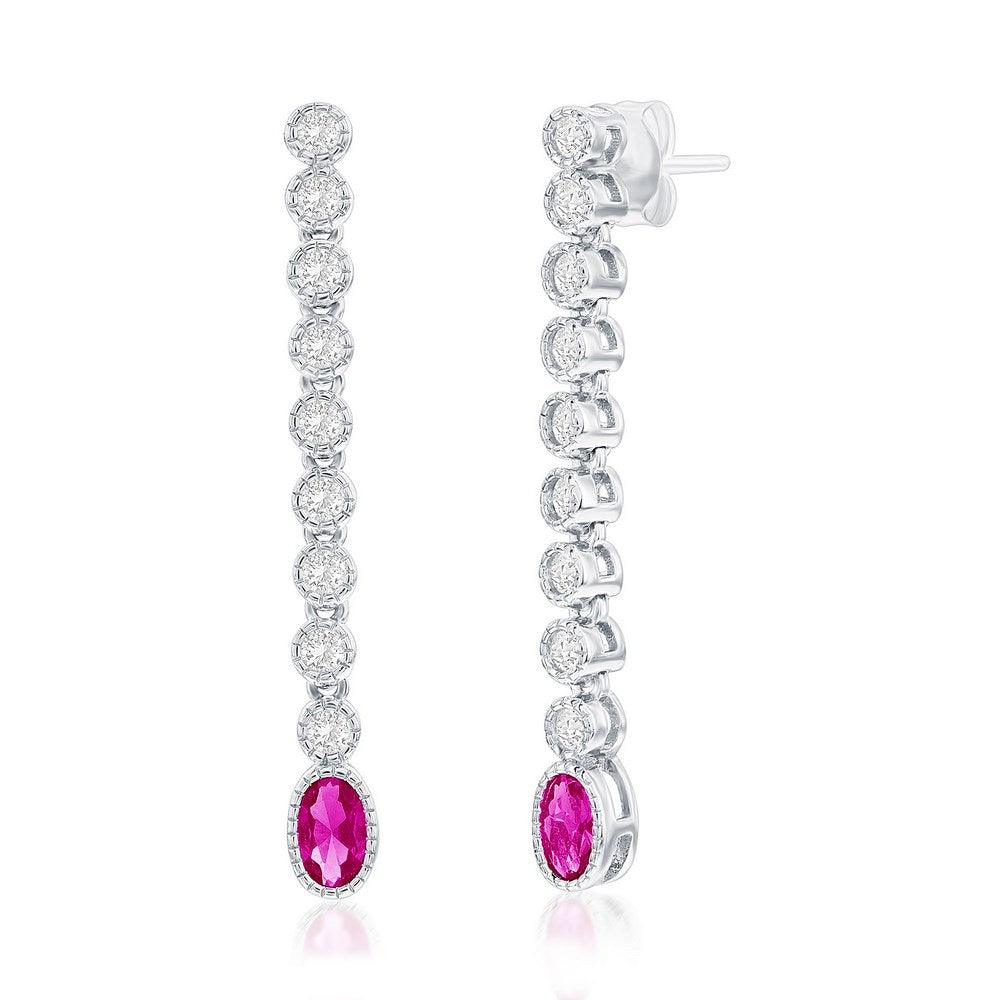 Sterling Silver Beaded Outline Oval & Round CZ Earrings - Ruby