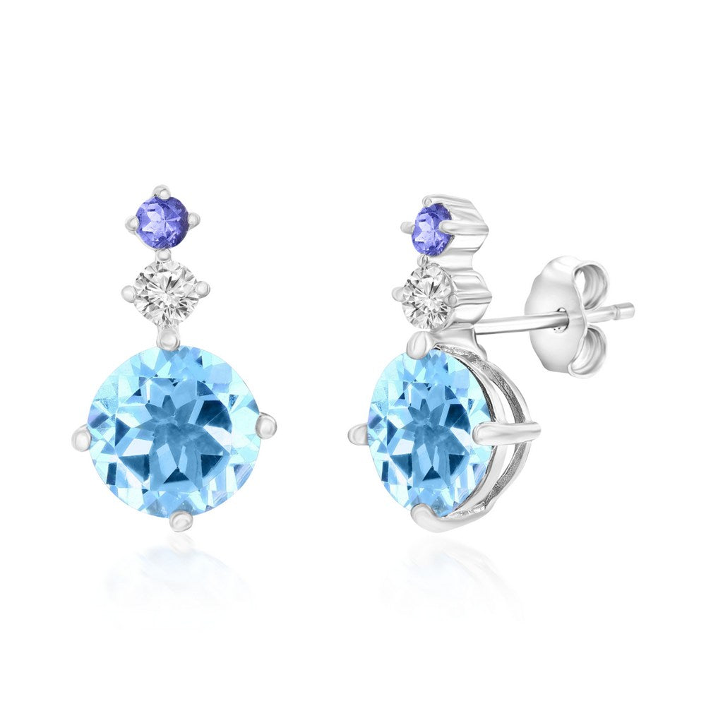 Sterling Silver, 8mm Sky Blue Topaz & Small White Topaz & Iolite Earrings