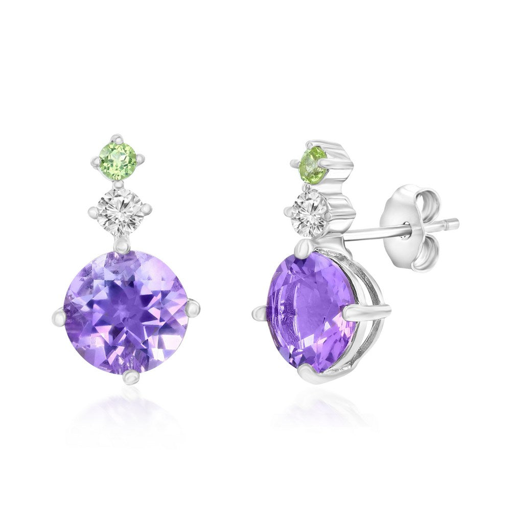 Sterling Silver, 8mm Amethyst & Small White Topaz & Peridot Earrings