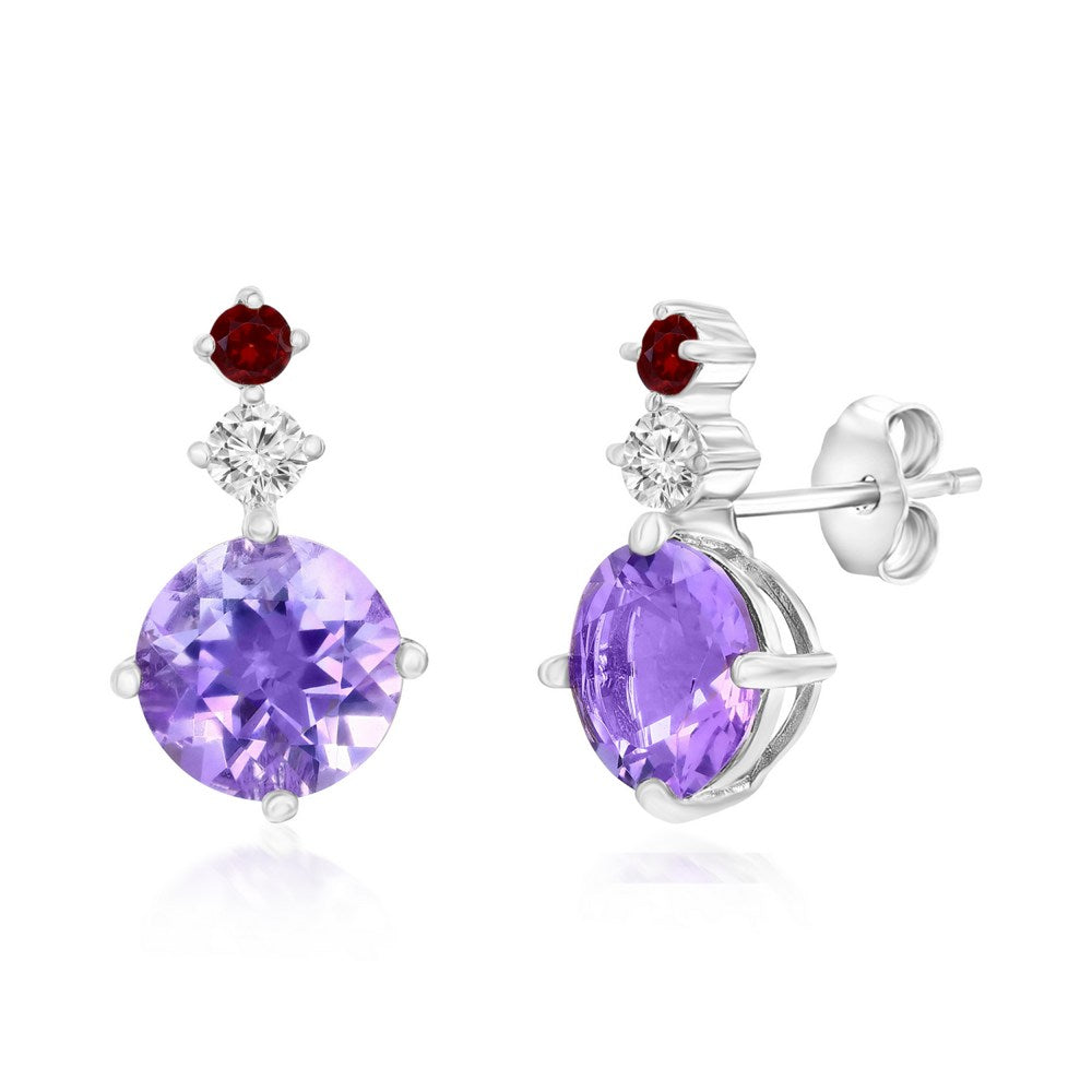 Sterling Silver, 8mm Pink Amethyst & Small White Topaz & Garnet Earrings