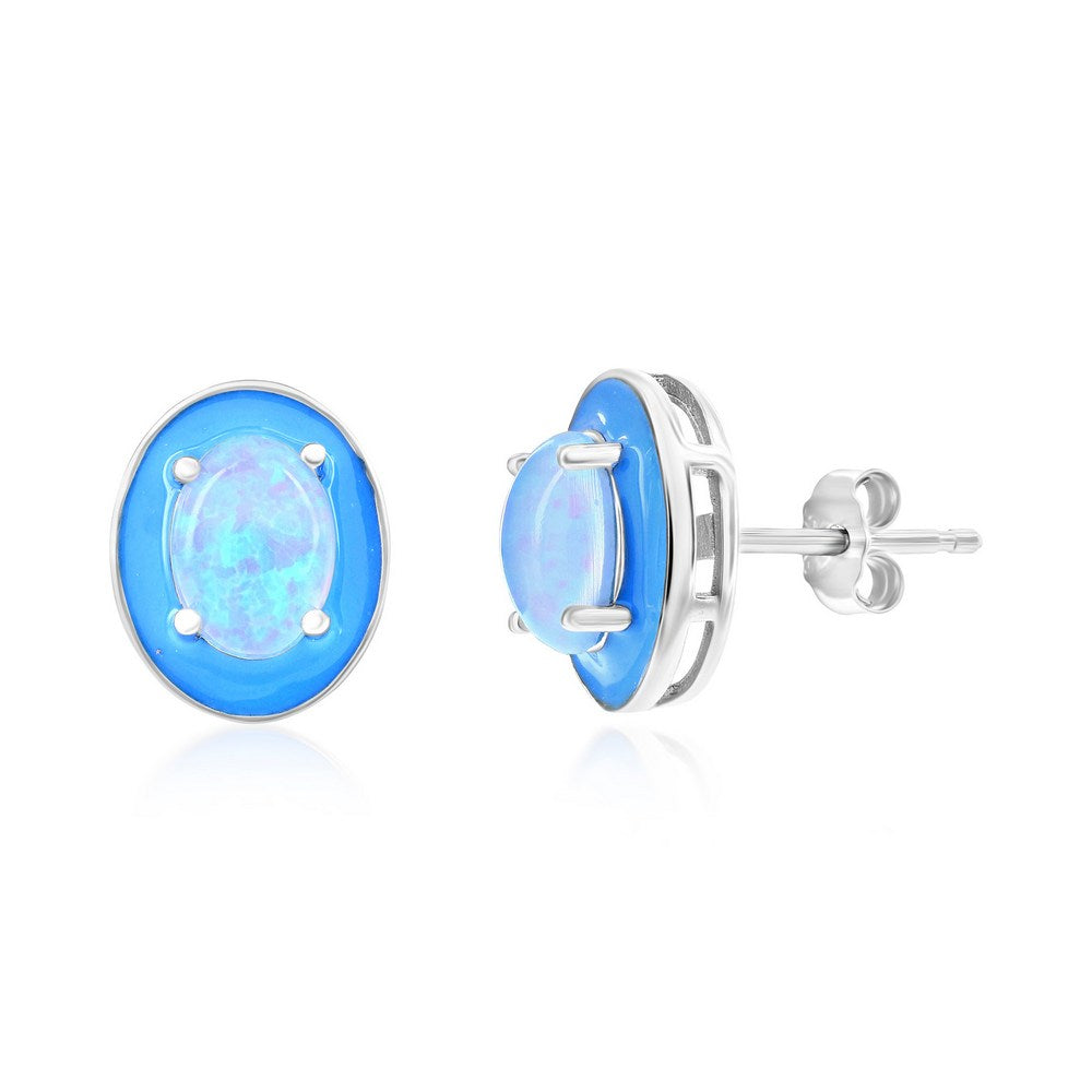 Sterling Silver White Opal & Blue Enamel Oval Studs