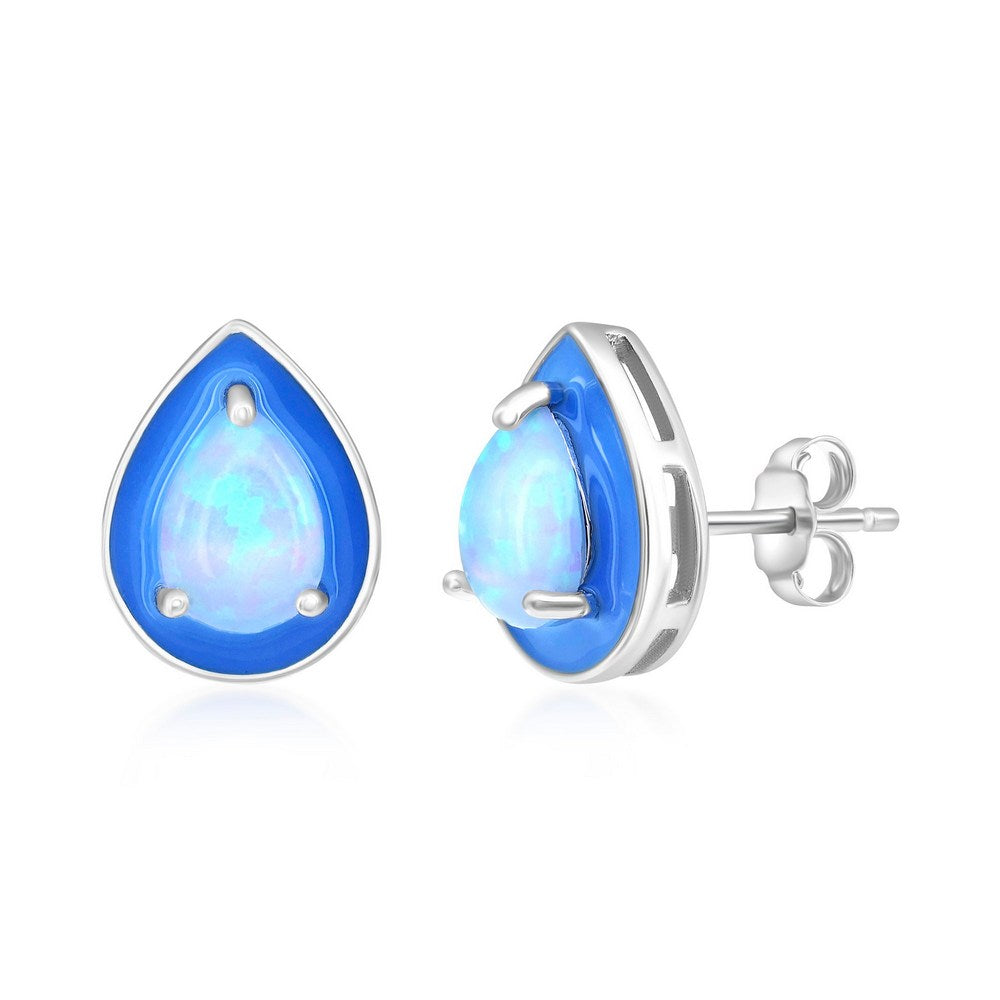 Sterling Silver White Opal & Blue Enamel Pearshaped Studs