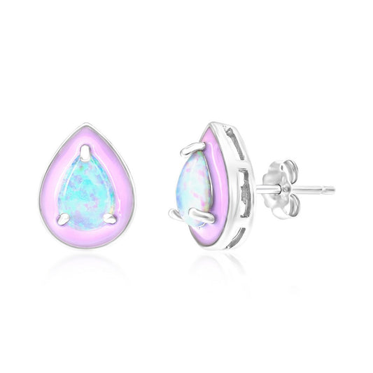 Sterling Silver White Opal & Pink Enamel Pearshaped Studs