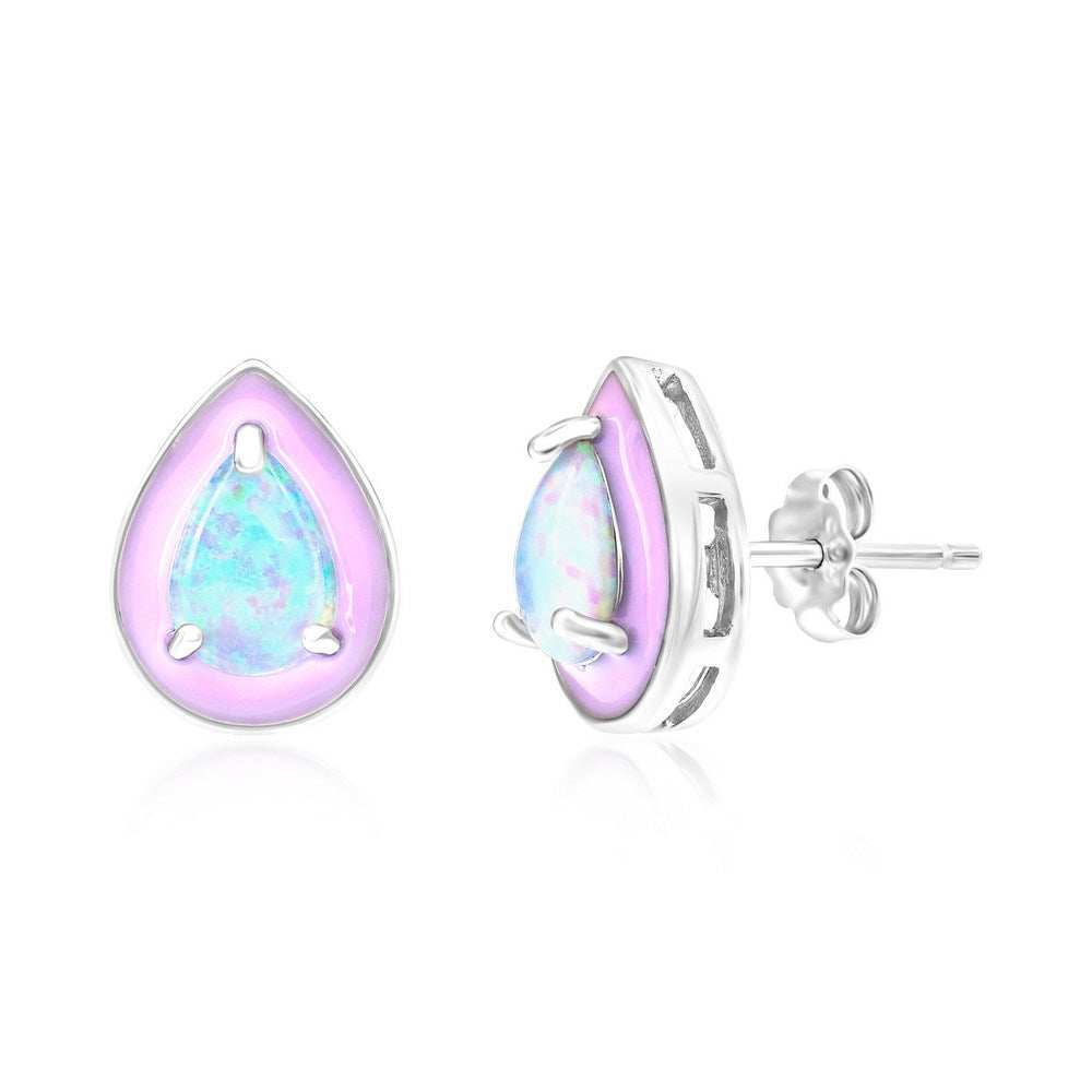 Sterling Silver White Opal & Pink Enamel Pearshaped Studs