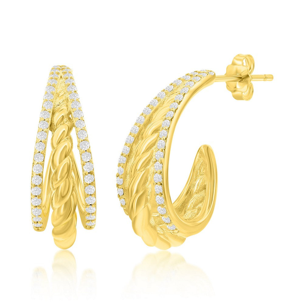 Sterling Silver, Triple Row CZ & Twist Design Half Hoop Earrings - Gold Plated