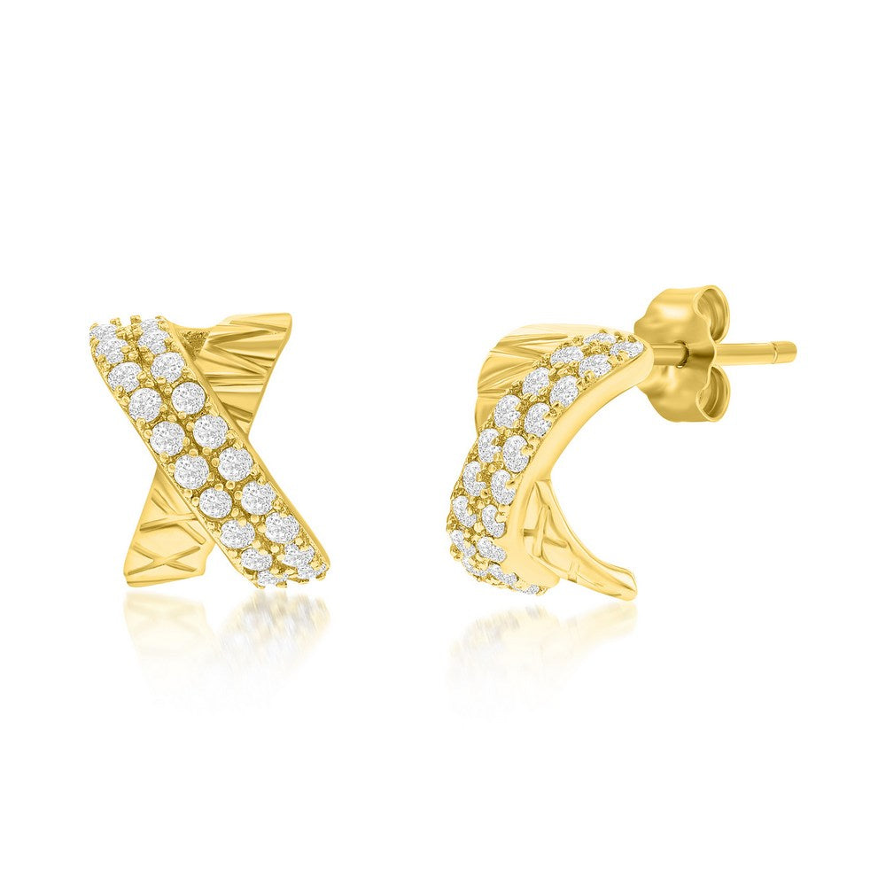 Sterling Silver 'X' Design CZ Stud Earrings - Gold Plated