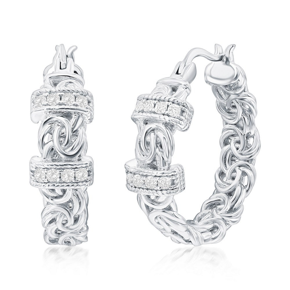 Sterling Silver 22mm Byzantine Design CZ Hoop Earrings