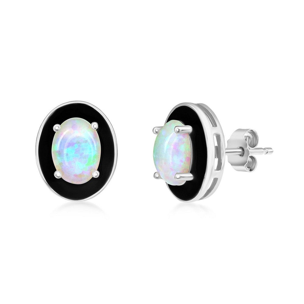 Sterling Silver White Opal & Black Enamel Oval Studs