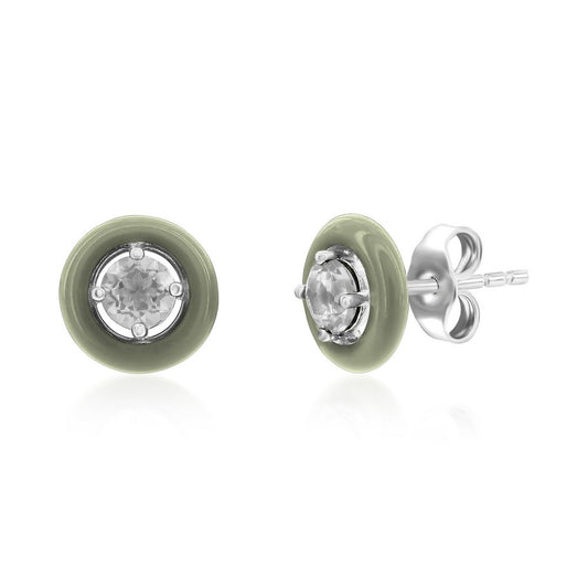 Sterling Silver Enamel & Gemstone Halo Studs  - White Topaz