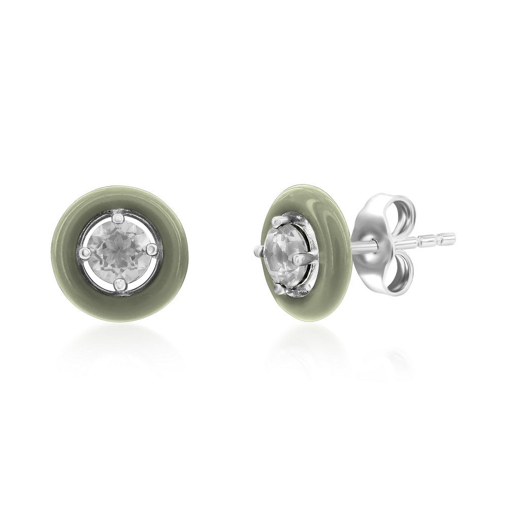 Sterling Silver Enamel & Gemstone Halo Studs  - White Topaz