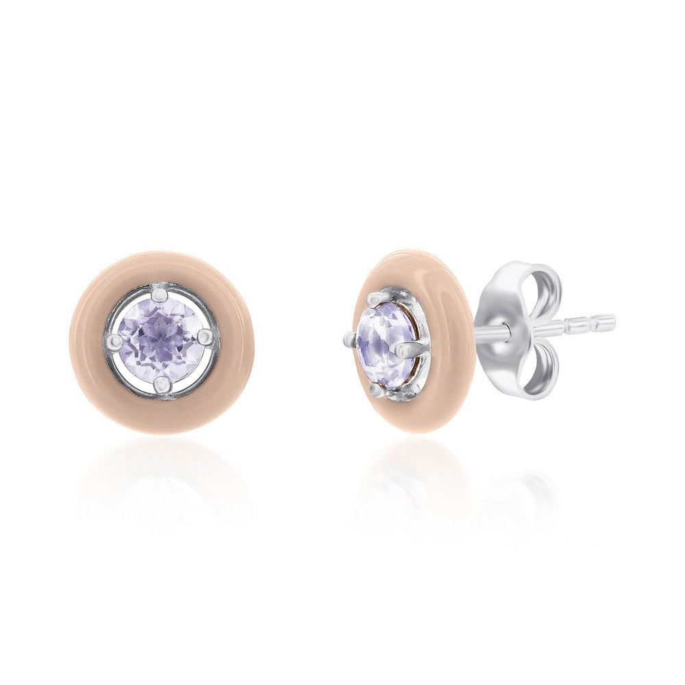 Sterling Silver Enamel & Gemstone Halo Studs  - Pink Crystal