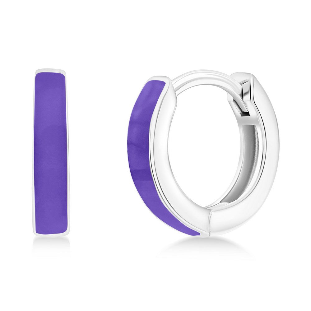 Sterling Silver 11mm Enamel Huggies - Purple