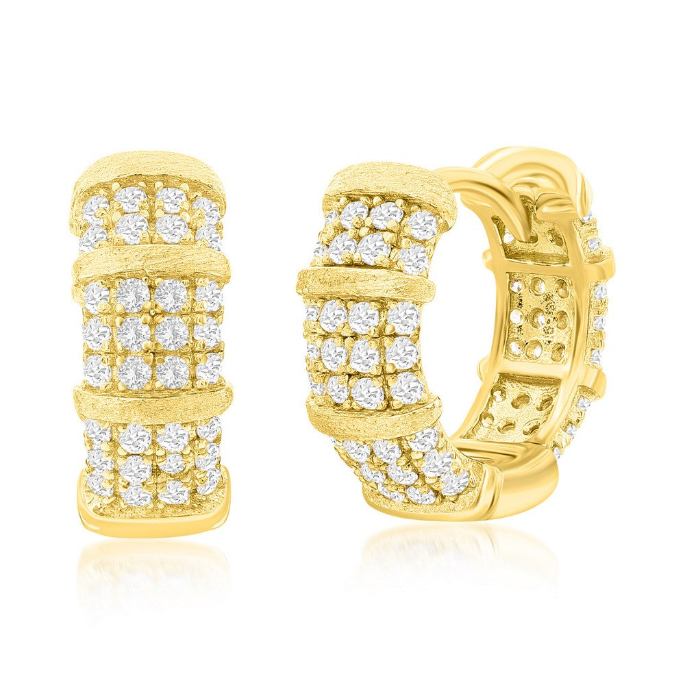 Sterling Silver, Pave CZ & Matte 15mm Hoop Earrings - Gold Plated