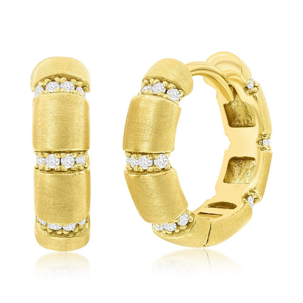 Sterling Silver, Lined CZ & Matte, 15mm Hoop Earrings - Gold Plated