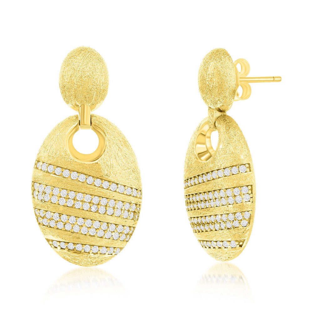 Sterling Silver, Double Oval Brushed & CZ Earrings - Gold Plated