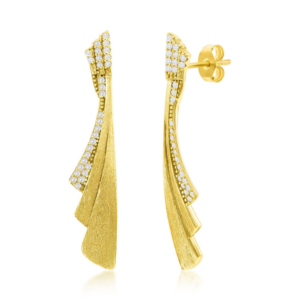 Sterling Silver, Irregular Shaped Brushed & CZ Earrings - Gold Plated