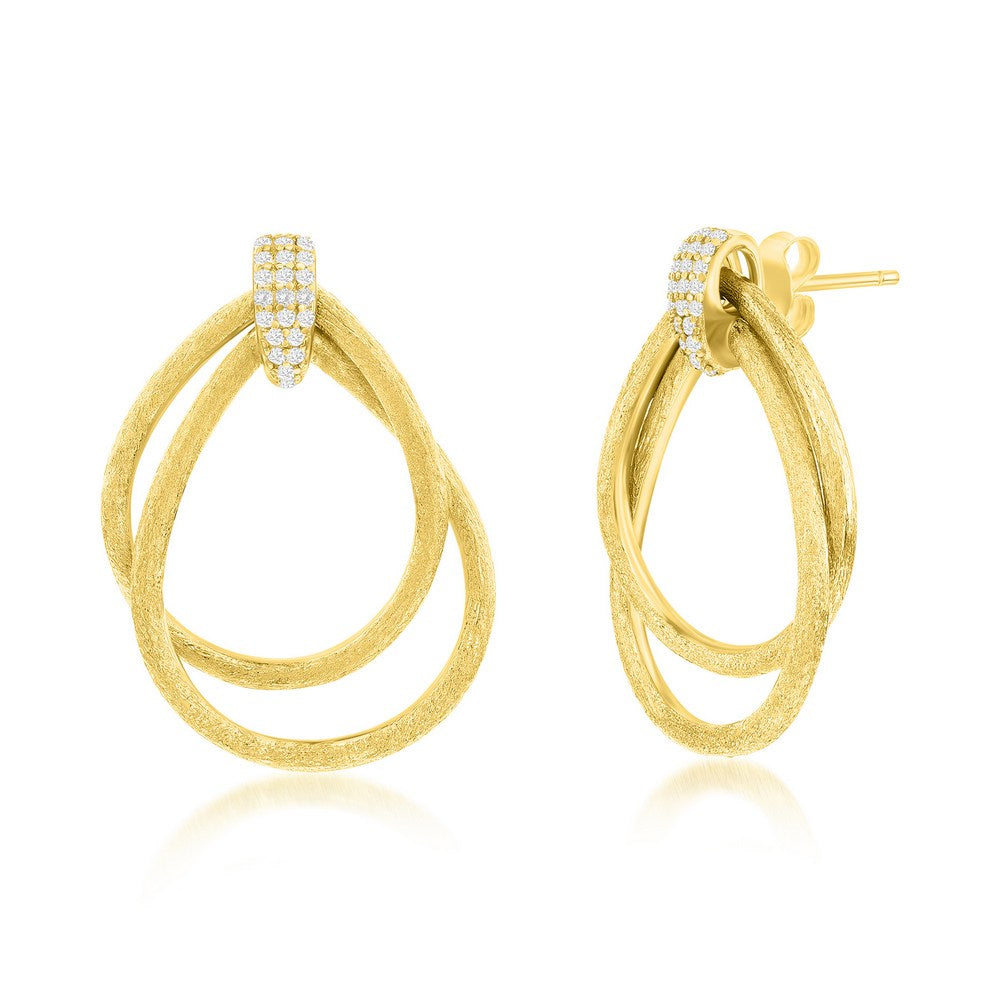 Sterling Silver, Double Pear-Shaped Brushed, CZ Earrings - Gold Plated