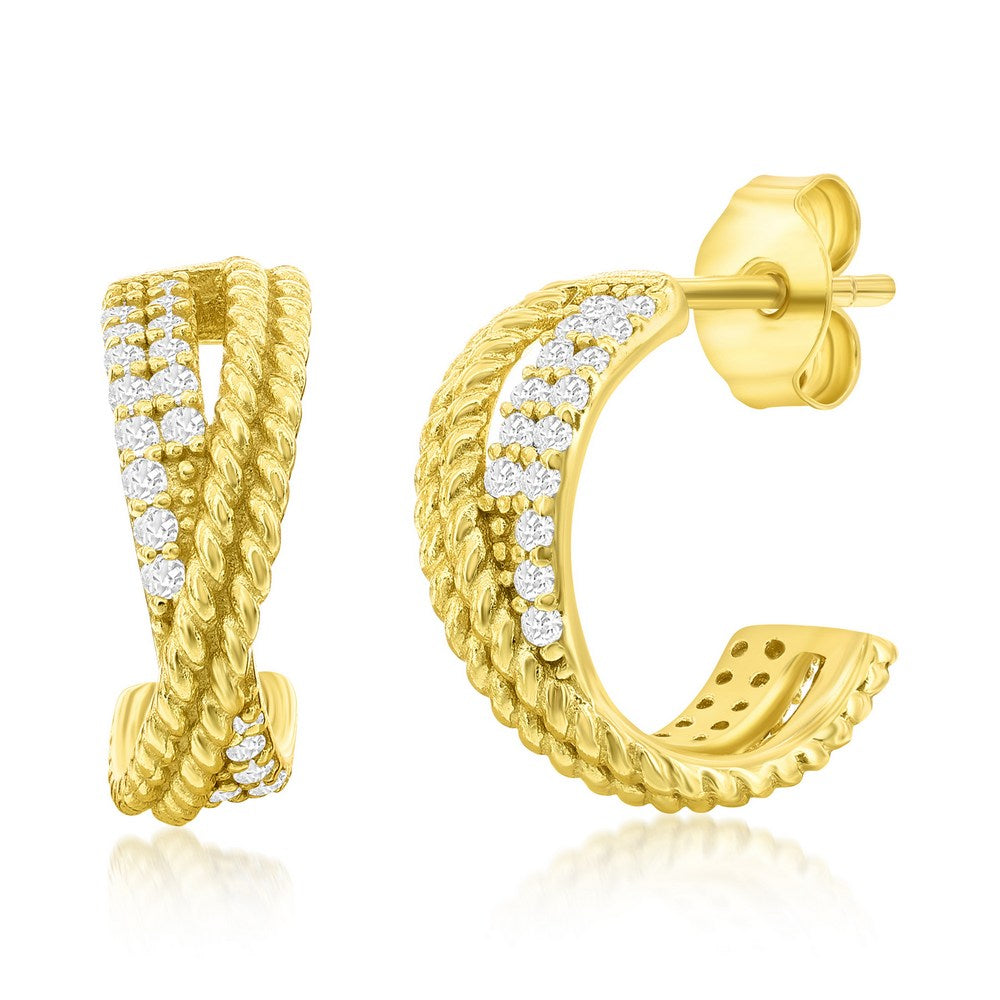 Sterling Silver 'X' Design, Rope & CZ Earrings - Gold Plated