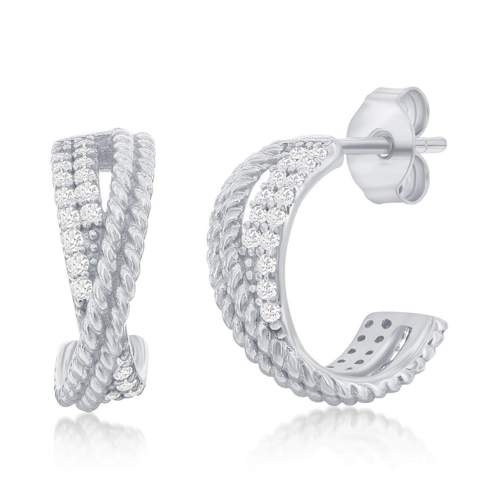 Sterling Silver 'X' Design Rope & CZ Earrings