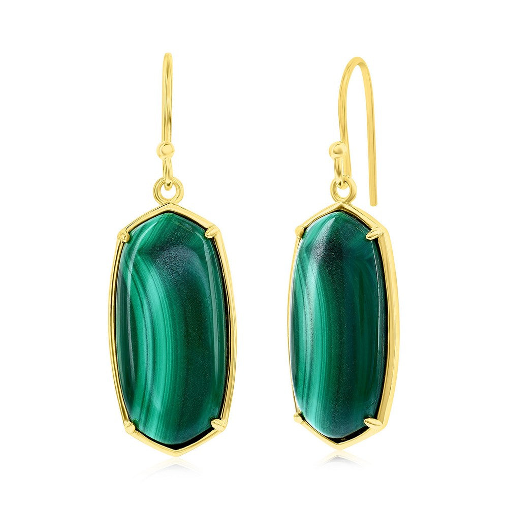 Sterling Silver Long Hexagon Malachite Dangle Earrings - Gold Plated