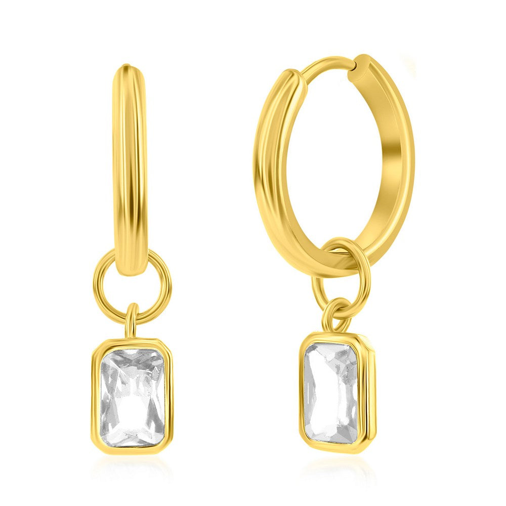 Sterling Silver, 'April' Rectangle CZ Charm Hoop, Gold Plated Earrings - White CZ