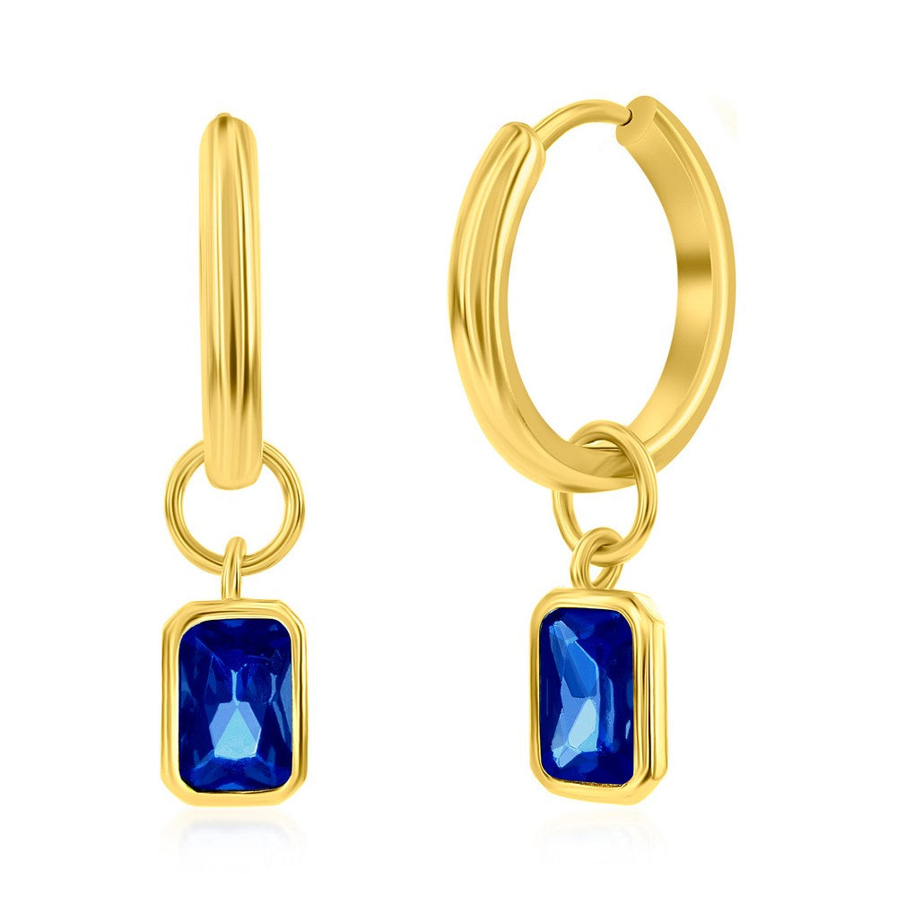 Sterling Silver, 'September' Rectangle CZ Charm Hoop, Gold Plated Earrings - Sapphire