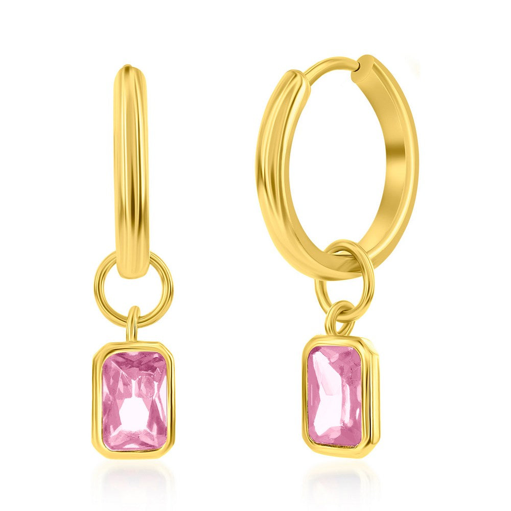 Sterling Silver, 'October' Rectangle CZ Charm Hoop, Gold Plated Earrings - Pink