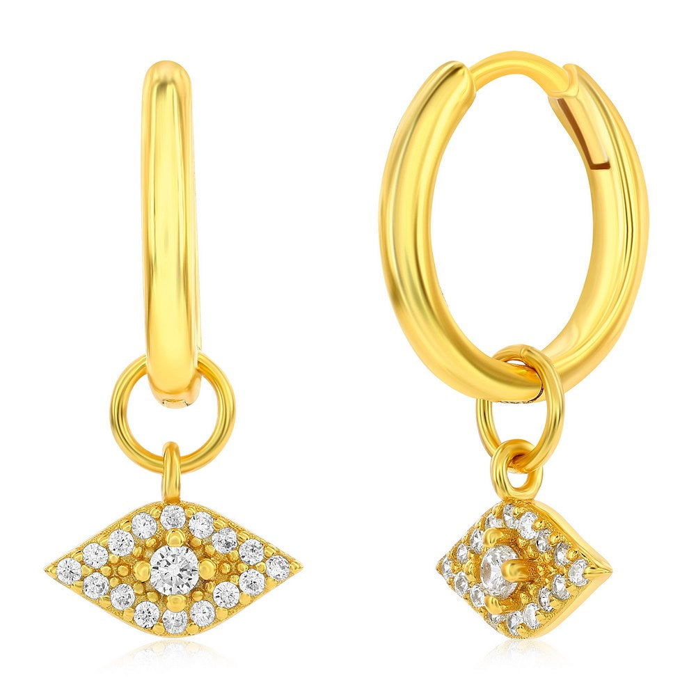 Sterling Silver Evil Eye CZ Charm Huggie Hoop Earrings - Gold Plated