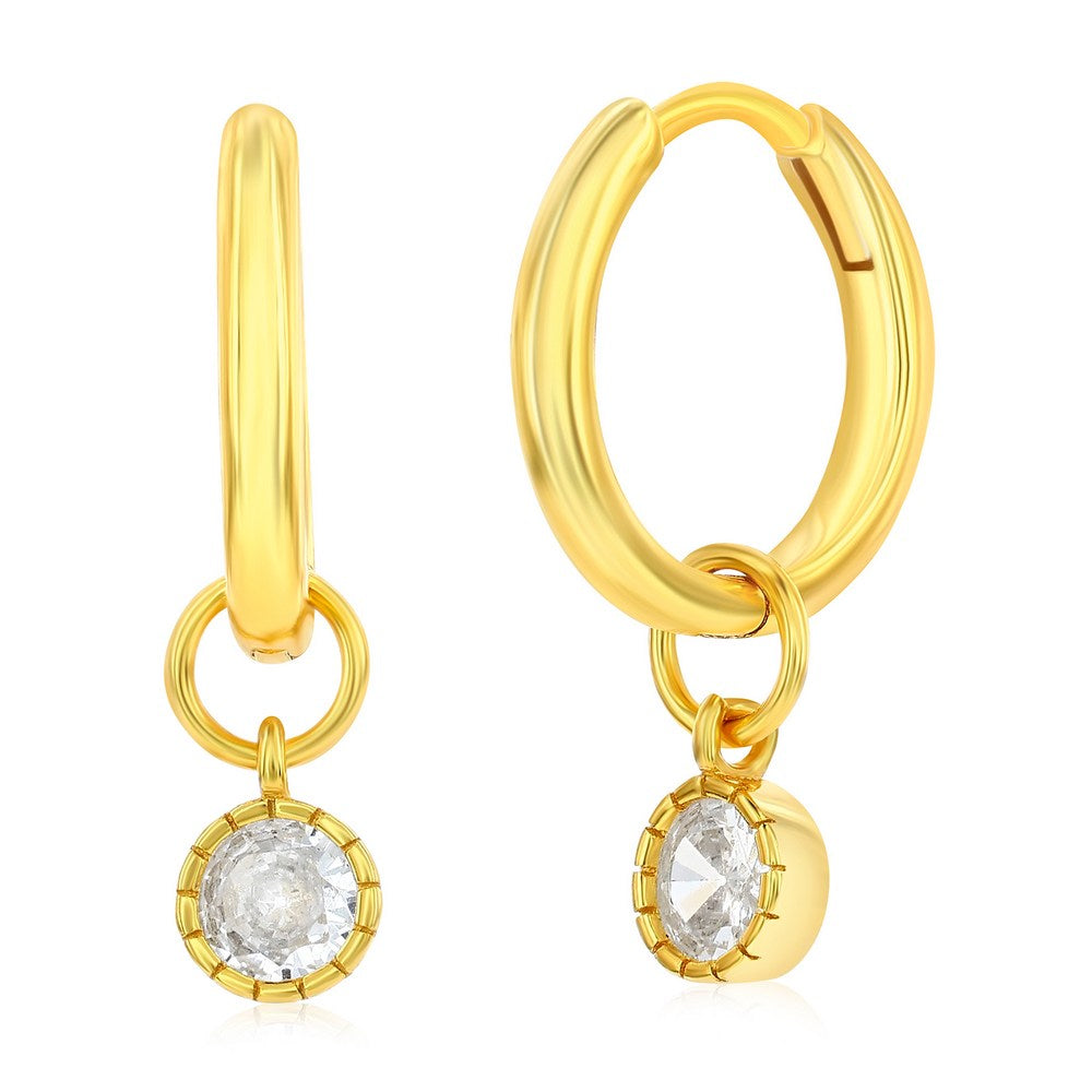 Sterling Silver Round CZ Charm Huggie Hoop Earrings - Gold Plated