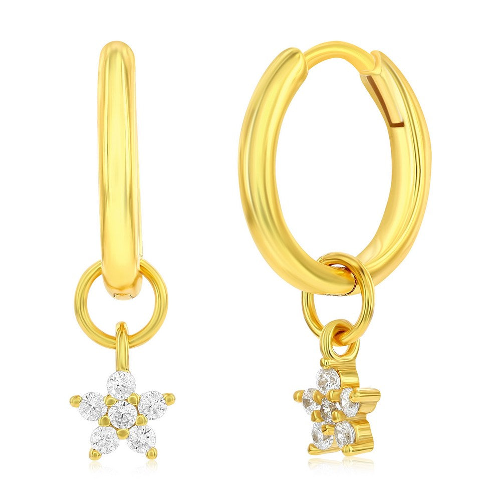 Sterling Silver Flower CZ Charm Huggie Hoop Earrings - Gold Plated