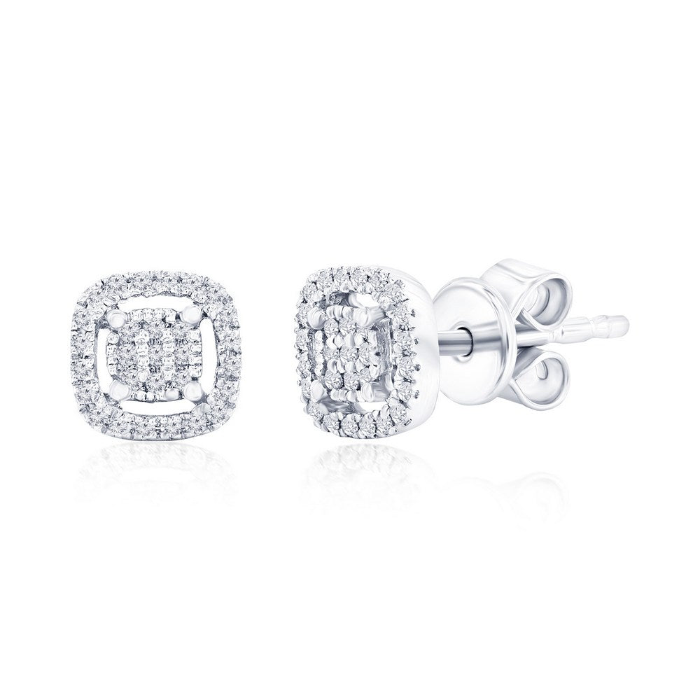 Sterling Silver, Square Halo Diamond Studs - (58 Stones)