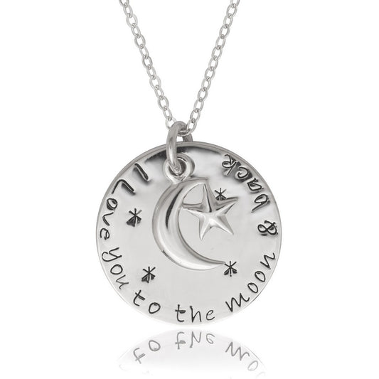 Sterling Silver Disc with "I Love You to The Moon And Back" with Small Crescent and Star
