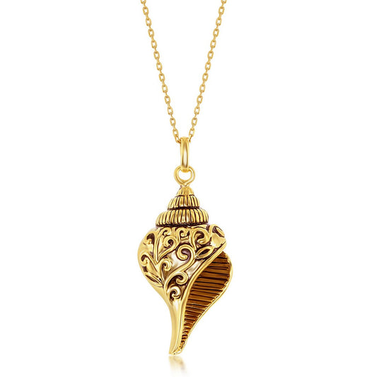 Sterling Silver Fancy Oxidized Seashell Pendant - Gold Plated