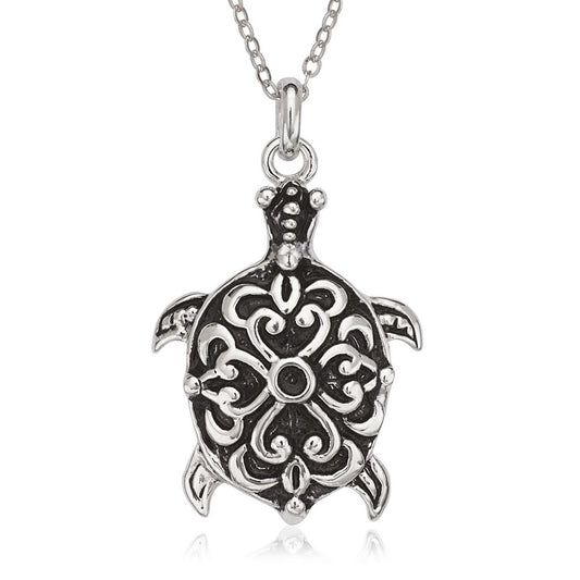 Sterling Silver Fancy Oxidized Turtle Pendant