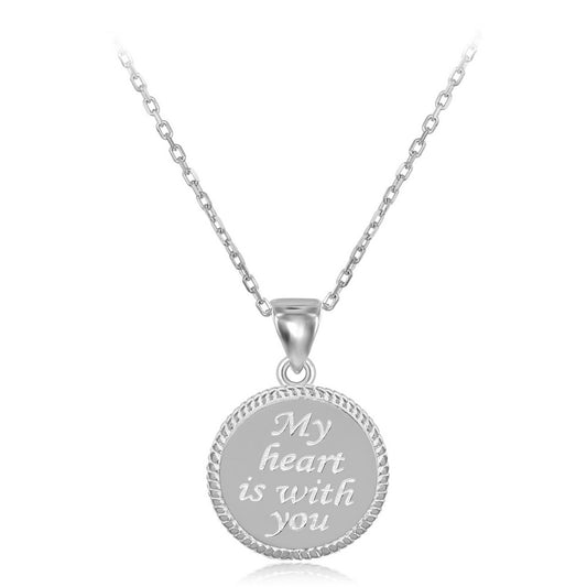 Sterling Silver Rope Border Disc "My Heart is With You" Pendant W/Chain
