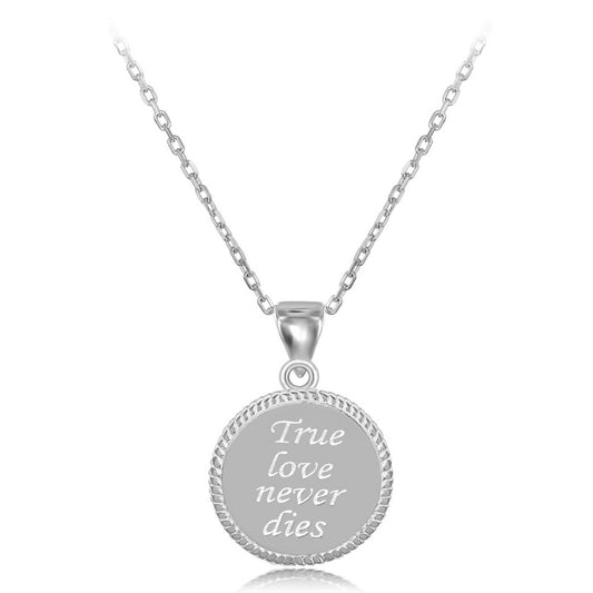 Sterling Silver Rope Border Disc "True Love Never Dies" Pendant  W/Chain