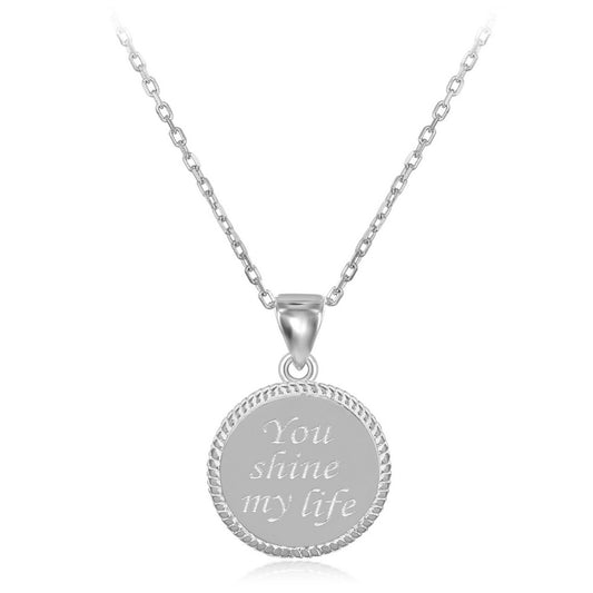Sterling Silver Rope Border Disc "You Shine My Life" Pendant  W/Chain