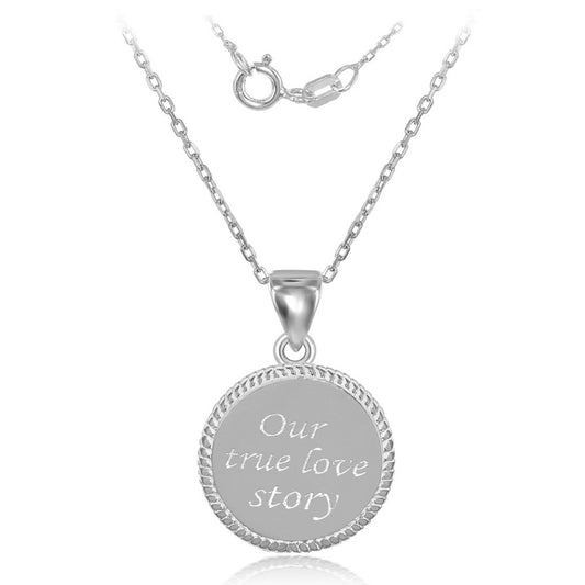 Sterling Silver Rope Border Disc "Our True Love Story" Pendant  W/Chain