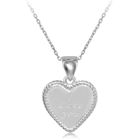 Sterling Silver Rope Border Heart "I Love You" Pendant  W/Chain