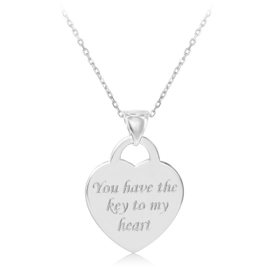 Sterling Silver Flat Heart "You Have The Key to My Heart" Pendant  W/Chain