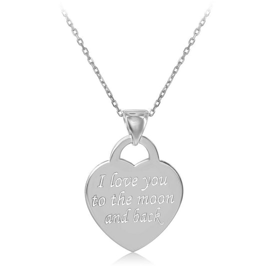 Sterling Silver Flat Heart "I Love You To The Moon And Back" Pendant  W/Chain