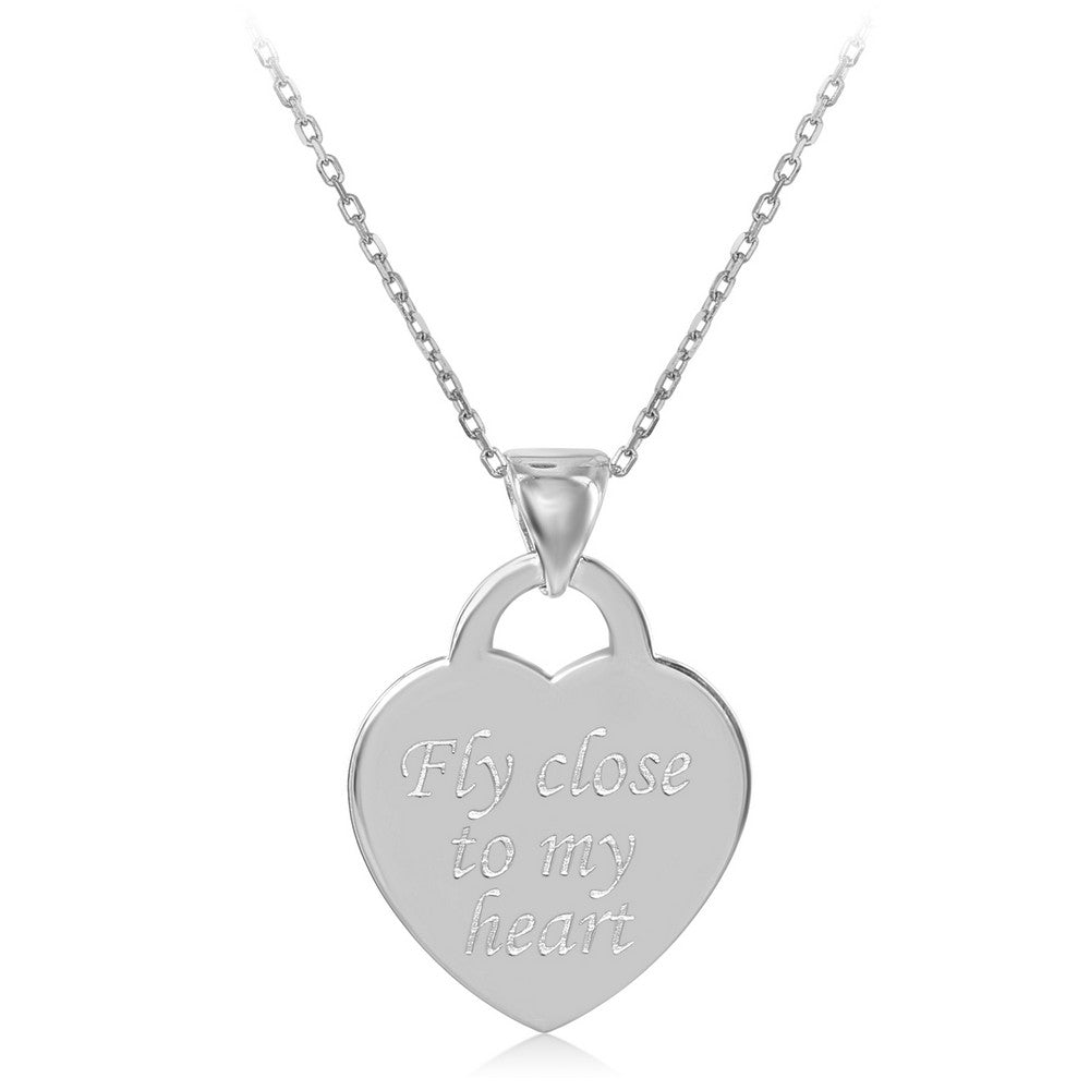 Sterling Silver Flat Heart "Fly Close To My Heart" Pendant  W/Chain