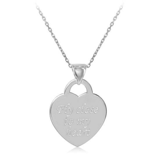 Sterling Silver Flat Heart "Fly Close To My Heart" Pendant  W/Chain