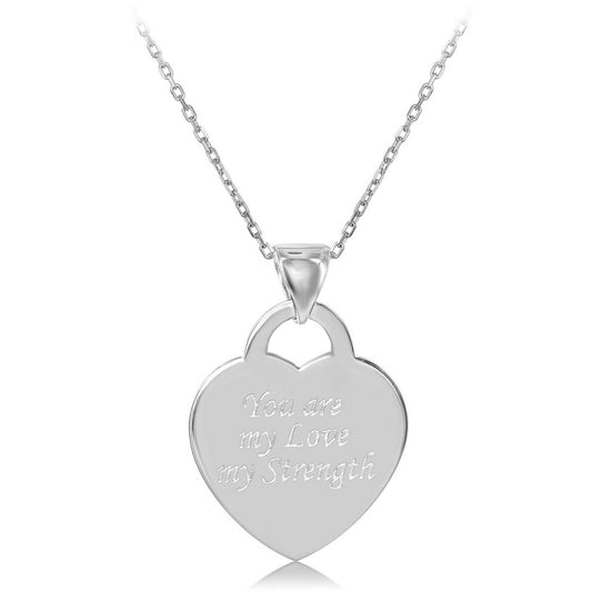 Sterling Silver Flat Heart "You Are My Love My Strength" Pendant  W/Chain