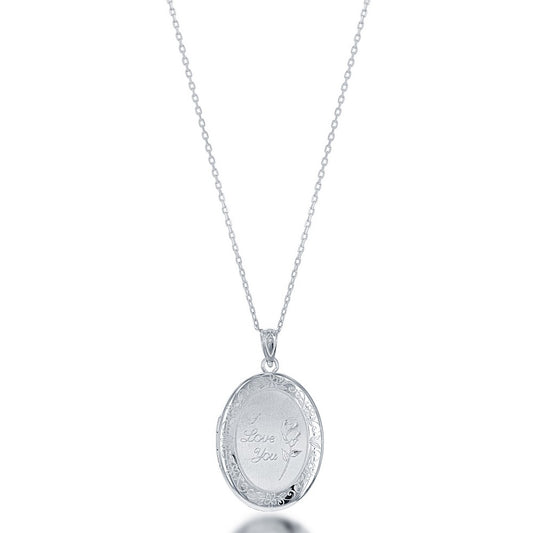 Sterling Silver "I Love You" with Rose Oval Locket W/chain