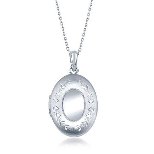Sterling Silver Small Oval with Matte and Diamond Cut Border Locket W/chain