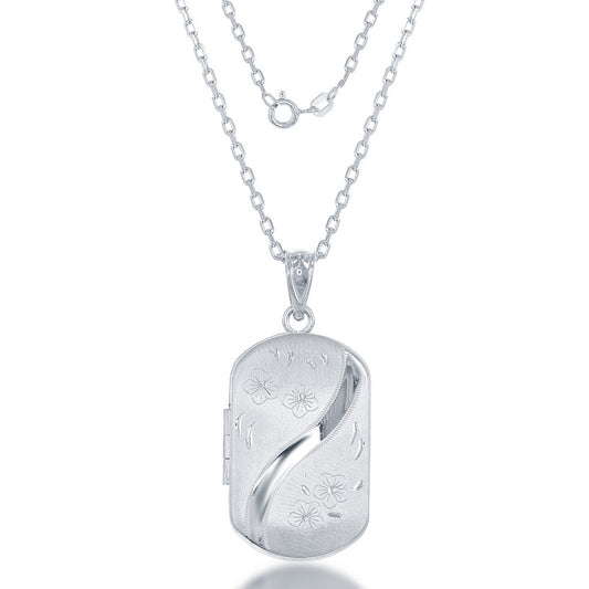 Sterling Silver, Diamond Cut Flower Designed Rectangular Locket w/Chain